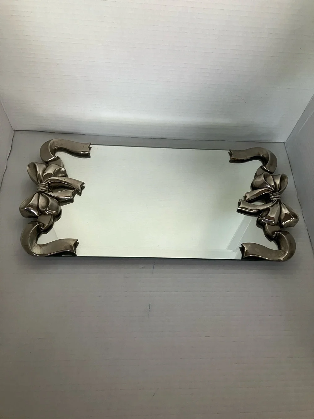 Vintage Godinger Silver Bow Mirror Vanity Tray‎ 8x16 Inches